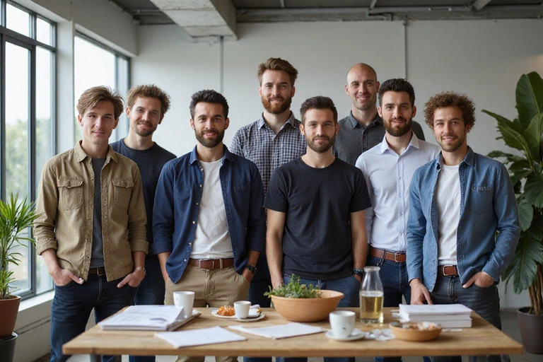 A group of diverse, healthy men in a modern, sustainable office setting.