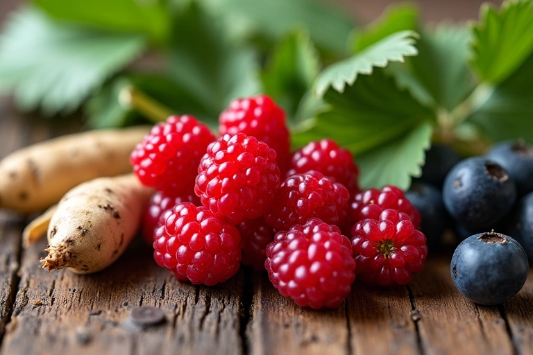 Close-up of natural, raw ingredients like berries, roots, and leaves on a wooden table.