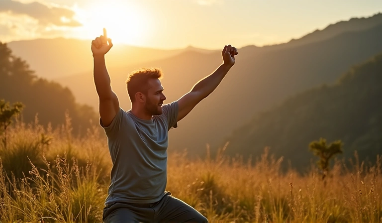 Man stretching in a natural outdoor setting, symbolizing an active lifestyle