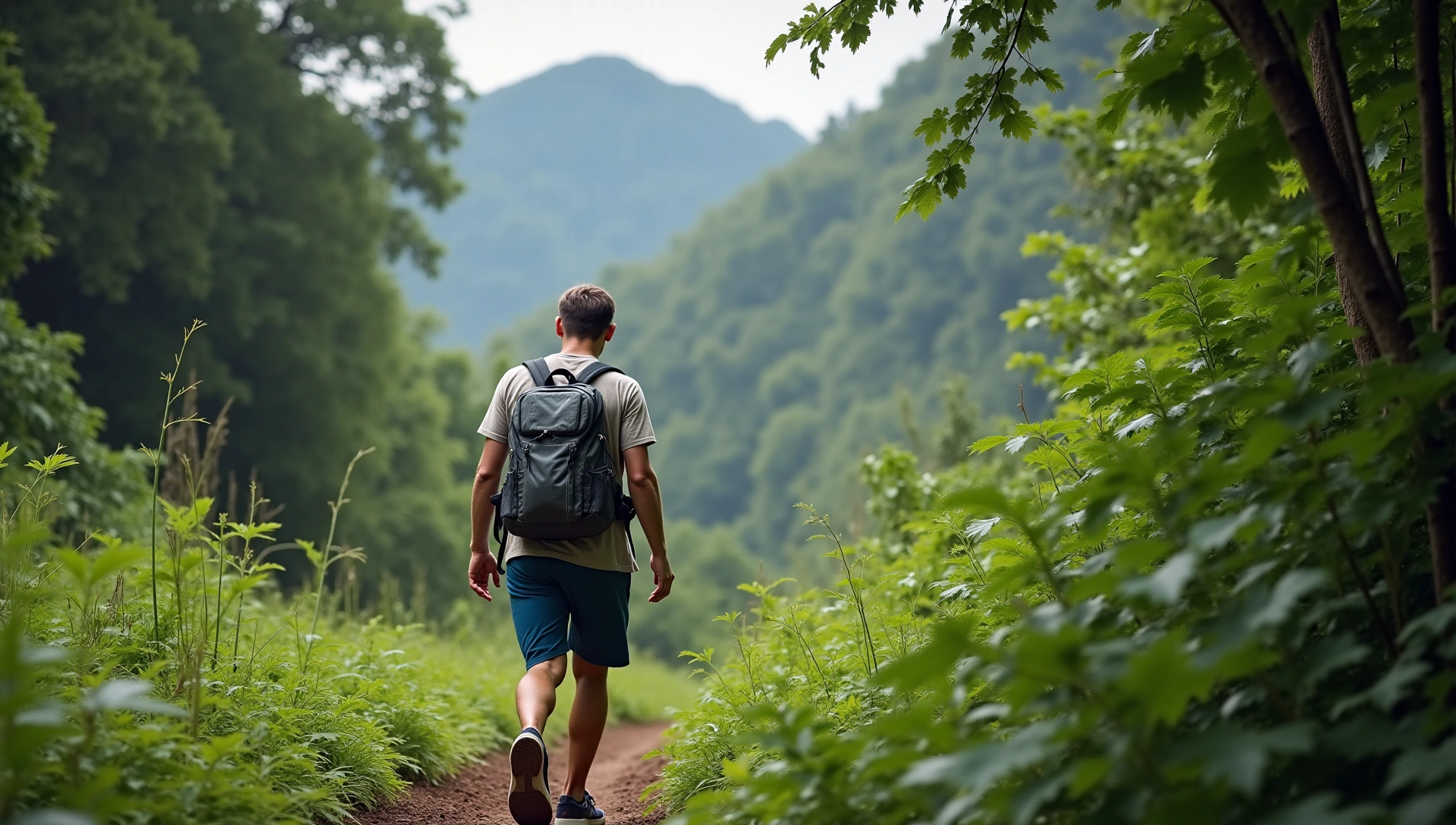 Healthy active man hiking in lush green Indonesian forest
