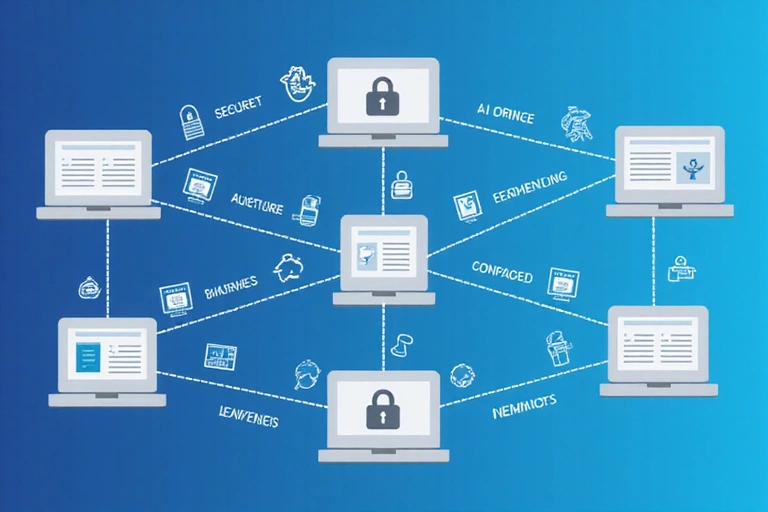 Illustration of secure data transfer between different entities, represented by connected nodes and encrypted tunnels