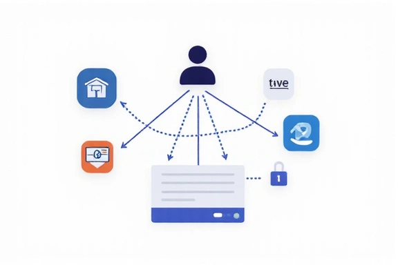 Illustration of a user navigating through a network of websites, with some links leading to external sites indicated by a warning or secure symbol