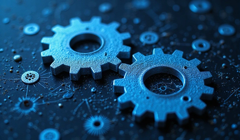 Abstract representation of intellectual property rights, featuring gears and legal symbols